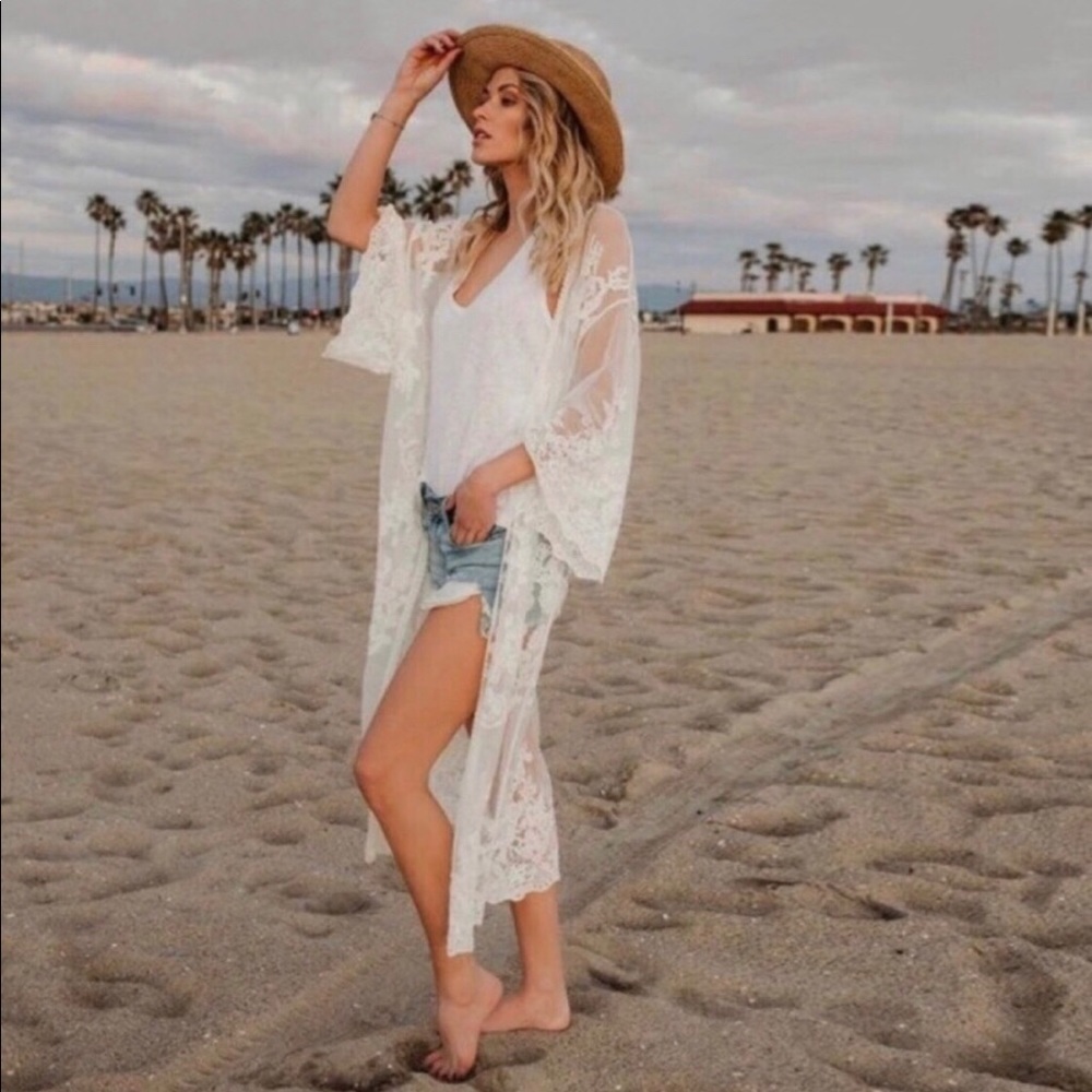 She + Sky Crochet Lace Midi Duster Kimono - Black - Picture 5 of 8